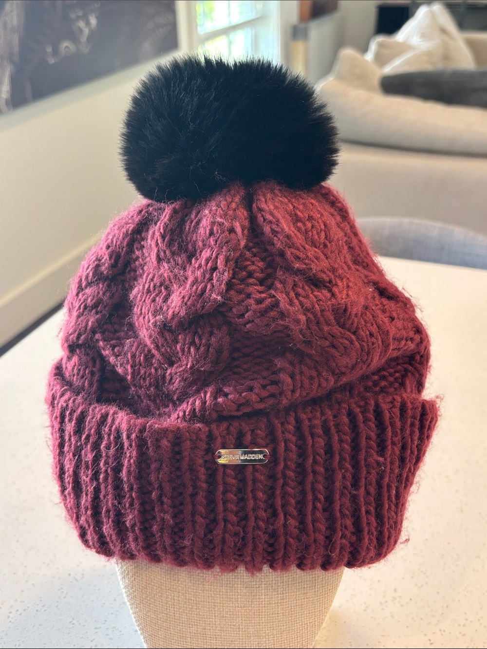 Steve Madden Wine Cable Knit Beanie with Black Pom